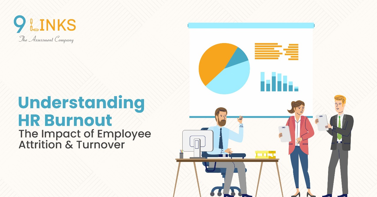 Image depicting a stressed HR professional surrounded by symbols of employee attrition and turnover, representing the impact of burnout on HR. Understanding HR Burnout: The Impact of Employee Attrition and Turnover.